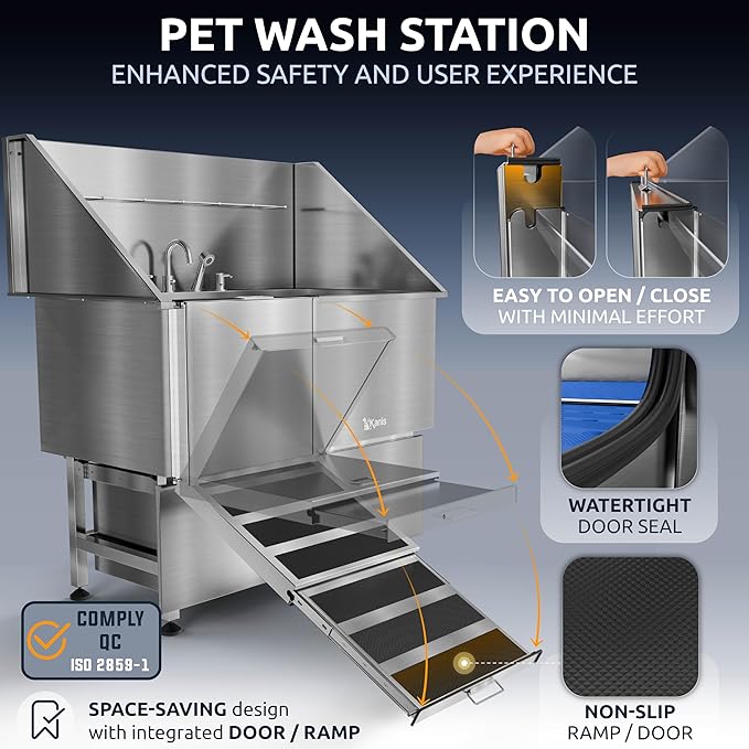 KANIS Professional Dog Washing Station 304 Stainless Steel Pet Wash Sink & Grooming Bathtub w/Shower, Floor Grates and Storage for Large, Medium & Small Pets (Silver, 50 Inches, Left Ramp, 2 Drawers)