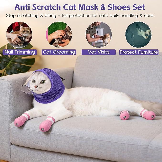 Adjustable Cat Muzzle for Grooming & Biting Prevention, Upgrade Kitten Head Cover,Breathable Anti-Bite Cat Mask with 4 Anti-Scratch Gloves Boots Silicone Shoes for Nail Trim Bath Vet Visit (Purple, M)
