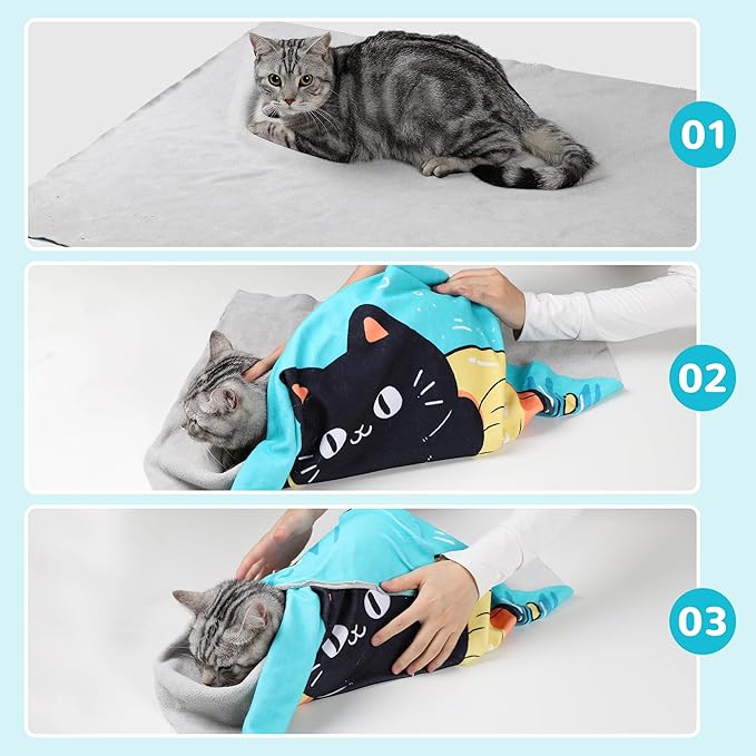 Cat Grooming Wrap21.7"*21.7", Self-Adherent Anti-Scratch Swaddle Restraint, Nail Clipping, Anti-Bite, Anti-Scratch, Anti-Escape Calming Wrap Multifunctional Care Pet Tools M