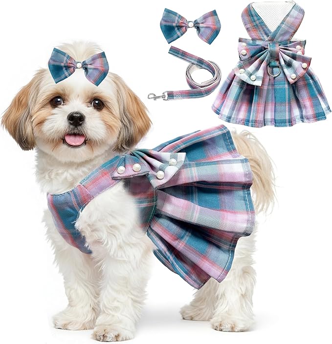 Dog Dress Bowknot Harness Leash Set for Small Dogs Girl Cute Plaid Dog Dress Pearls Bow Tie Spring Summer Princess Clothes Birthday Holiday Doggie Outfits for Puppy Cats Girl (Lake Blue, X-Large)