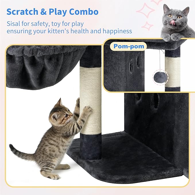 Heybly Cat Tree, 26.3-inch Cat Tower with Spacious Top Perch for Large Cats, Stair-Style Cat House Furniture with Dual-Layer Condos, Sisal Scratching Posts, Cozy Basket & Pompom, Smoky Gray HCT204SG