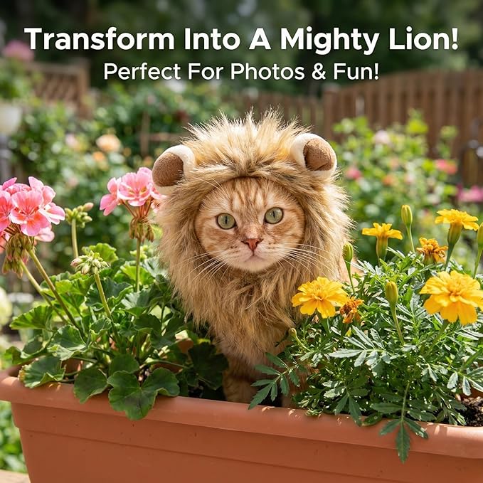Lion Mane Wig for Cats, Adjustable Dog and Cat Costume for Halloween Christmas, Soft Pet Costumes and Cat Clothes (Size S)