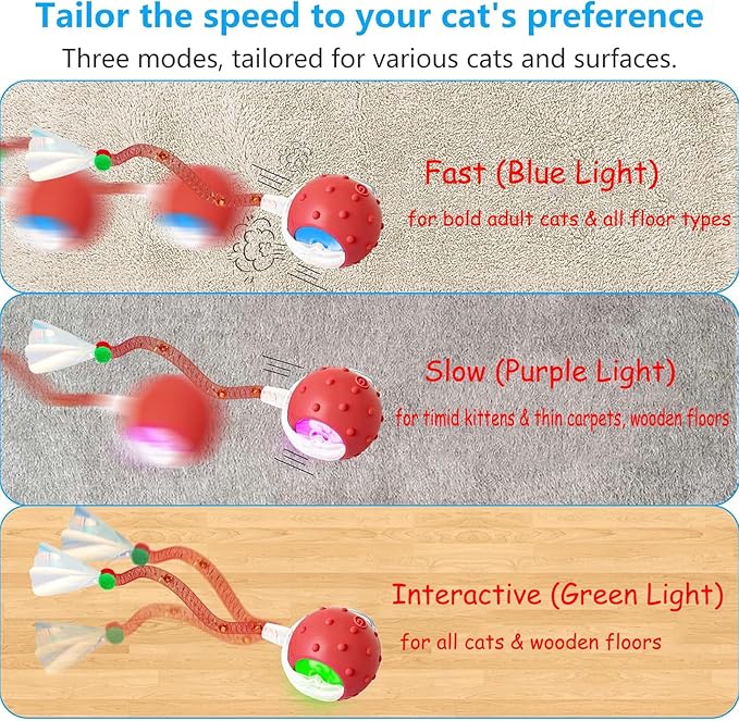 2PCS Interactive Cat Toys for Indoor Cats with 6 Tails, Automatic Cat Toy Fast Rolling on Carpet/ Wooden Floor/ Tiles, Rechargeable Kitten Toys for Small/ Medium/ Large Cats to Enrichment Exercise