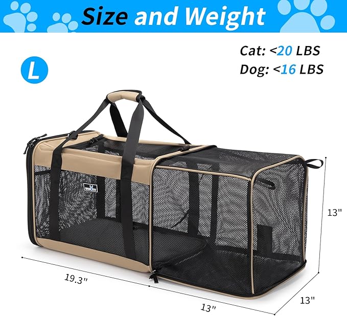Wakytu Expandable Pet Carrier for Dogs & Cats, Large Travel Bag with 5 Mesh Windows, 2 Entrances, Locking Zippers & Padded Straps,L