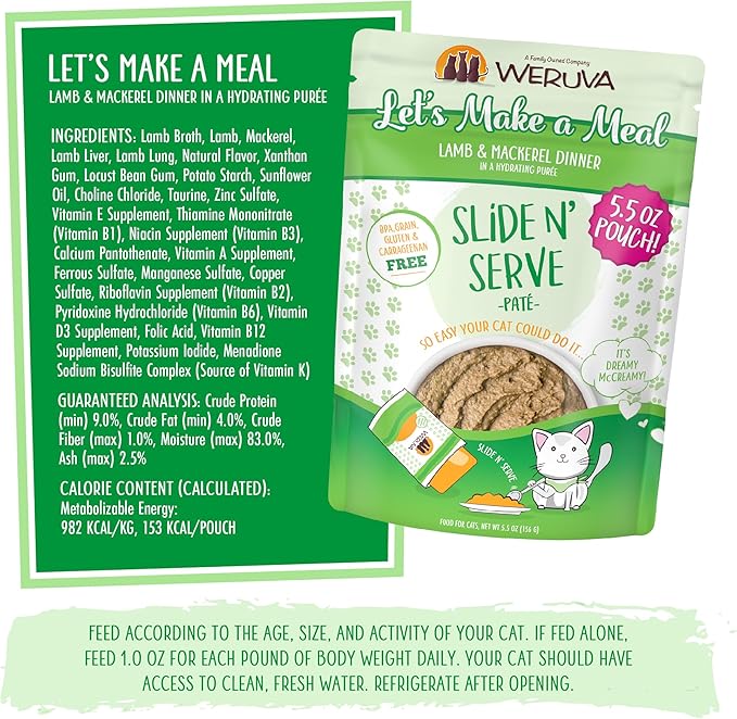 Weruva Wet Cat Food, Lets Make a Meal with Lamb and Mackerel Pate, 5.5oz Slide N Serve Pouch, Pack of 12