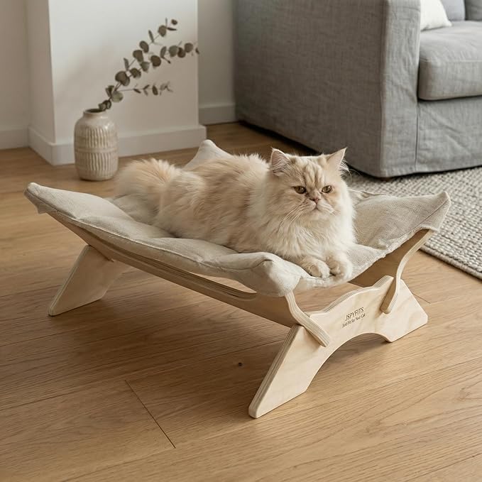 JSPYFITS Elevated Cat Bed Hammock, Raised Orthopedic Dog Bed with Dual-Sided Plush & Linen Cushion, Modern Cat Furniture for Medium to Large Cats, Easy Assembly(White)