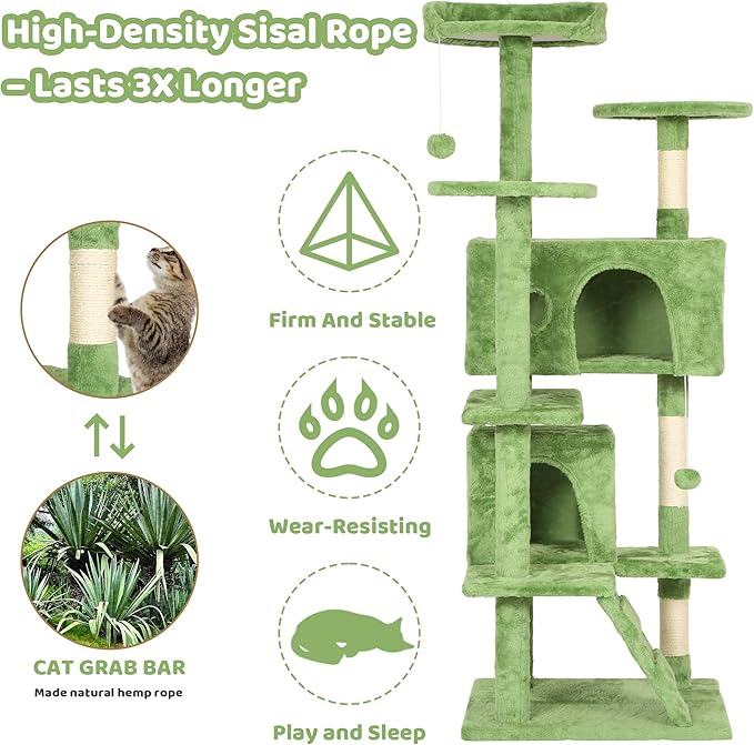 54" Cat Tree for Indoor Cats - Multi-Level Cat Tower with Scratching Posts, Jumping Platforms, Spacious Condo, Cat Bed Cave & Hidden Spaces - Durable Cat Furniture - Green
