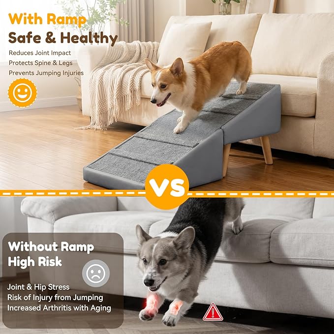 Dog Ramp for Small Dogs, 18.5" Extra Wide 3-in-1 Dog Stair with Foldable Ottoman & Hidden Storage Design, 15.7" H Safer Leather Pet Steps for Couch Sofa Bed (Grey)