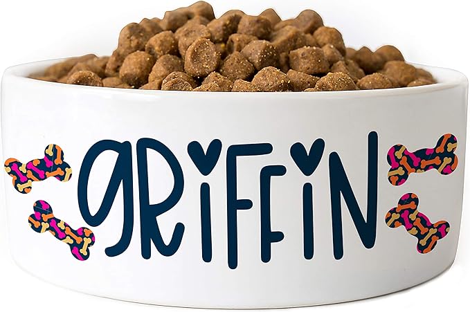 Personalized Dog Bowl w/Name, Ceramic Bowl for Dogs and Cats, 2 Sized for Small and Large Dogs - Pet Dish for Dry or Wet Food and Water, Pet Owner Gifts, Custom Pet Food Bowl | Bones, 6 inches