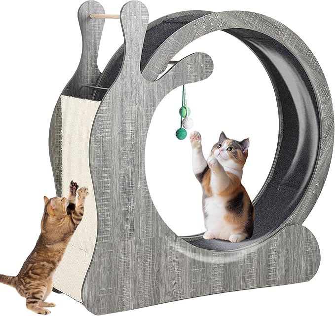Cat Exercise Wheel,41" Wooden Cat Treadmill with TPE Silent Rollers, Indoor Running Wheel with Interactive Toys, Sisal Scratching Pad & Storage Shelf, Safe Narrow Gap for Large Cats