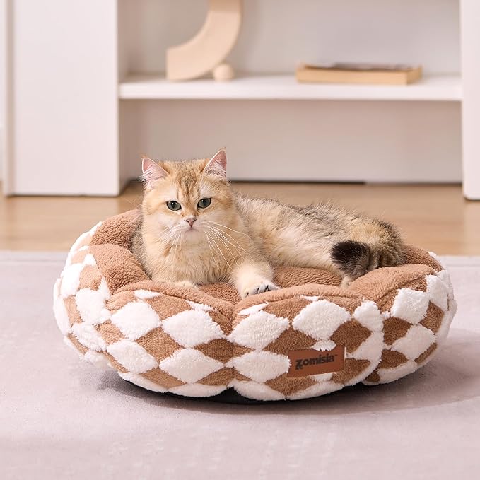 ZOMISIA Large Cat Beds for Indoor Cat, Donut Dog Beds for Small Dog, Round Plush Puppy Bed for Kitten, Brown