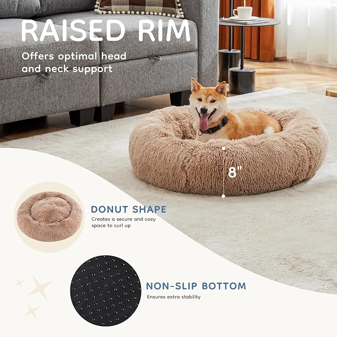 DUMOS Calming Donut Dog Beds for Large Dogs, 37.4x37.4 in Machine Washable Cuddler Warming Cozy Fluffy Faux Fur Plush Round Pet Bed, Anti-Slip Bed for Indoor Dogs and Cats, Brown