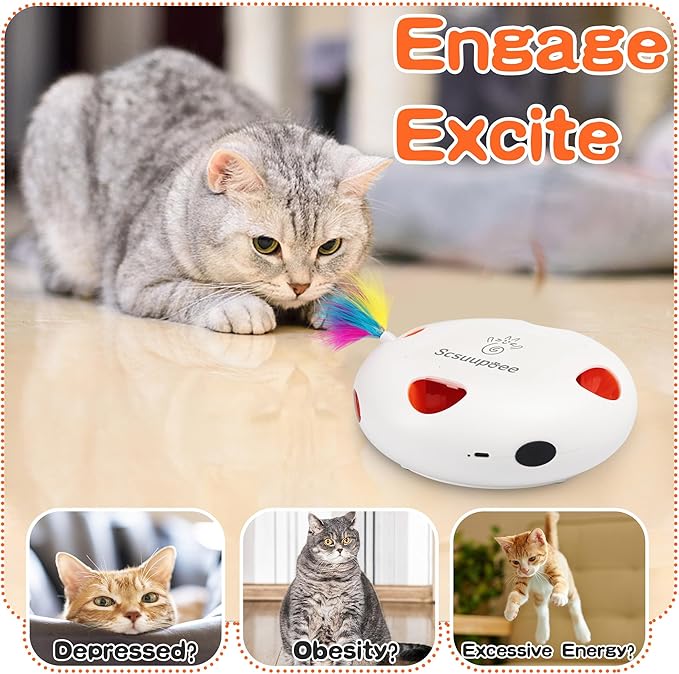 Cat Toys, Rechargeable Interactive Cat Toy, Smart Sensor Pop-Up Feather Toy with 7 Holes, USB Powered Automatic Kitten Toy for Indoor Cats, White