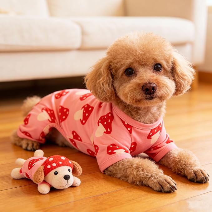 Dog Pajamas Summer Cute Print Puppy Jumpsuit Thin Dog Onesie Small Dog Clothes with Comfy & Elastic Frbic Puppy Pjs(Peach Mushroom,Medium)