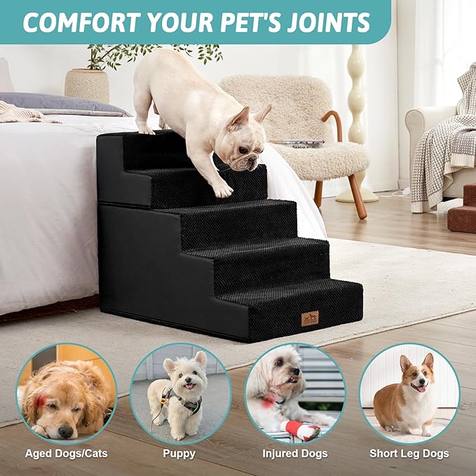 COZY KISS Dog Stairs for Small Dogs, 17.7" Extra Wide Detachable Pet Stairs for Couch and Bed, 23.6" H Non-Slip Dog Steps for Puppies and Old Cats, 17.7x29.5x23.6 inch, Black