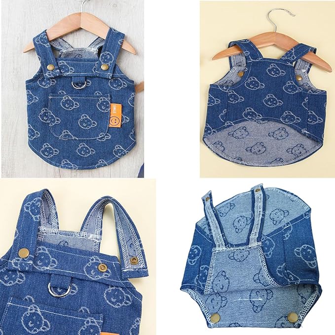 Walking-Ready Pet Jeans - Breathable Denim with D-Ring & Snap Buttons | Matching Bear Outfits for Dog & Cat Couples | Machine Washable (S-XL) (X-Large, Jacket with Bear)
