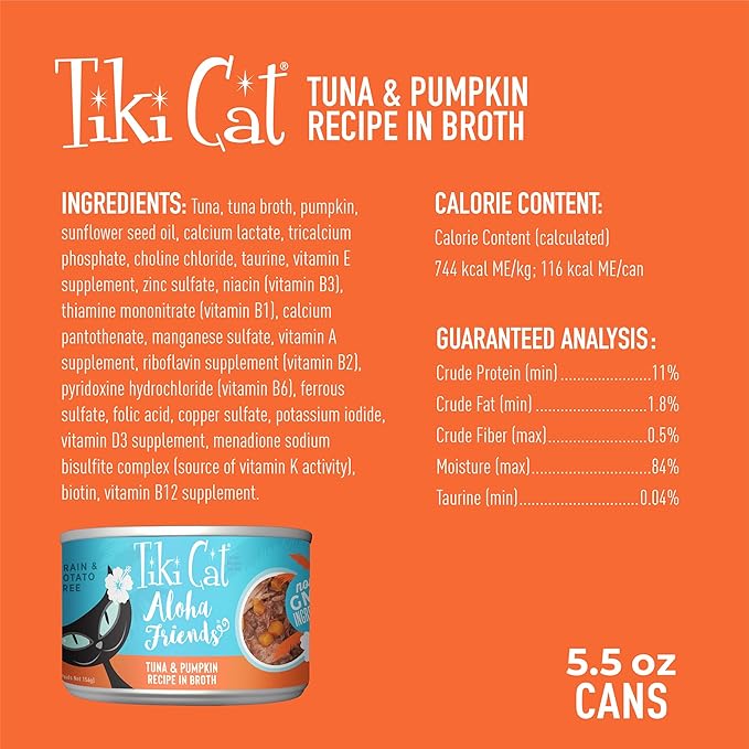Tiki Cat Aloha Friends Wet Cat Food, Tuna & Pumpkin, 5.5 oz. Cans (8 Count)