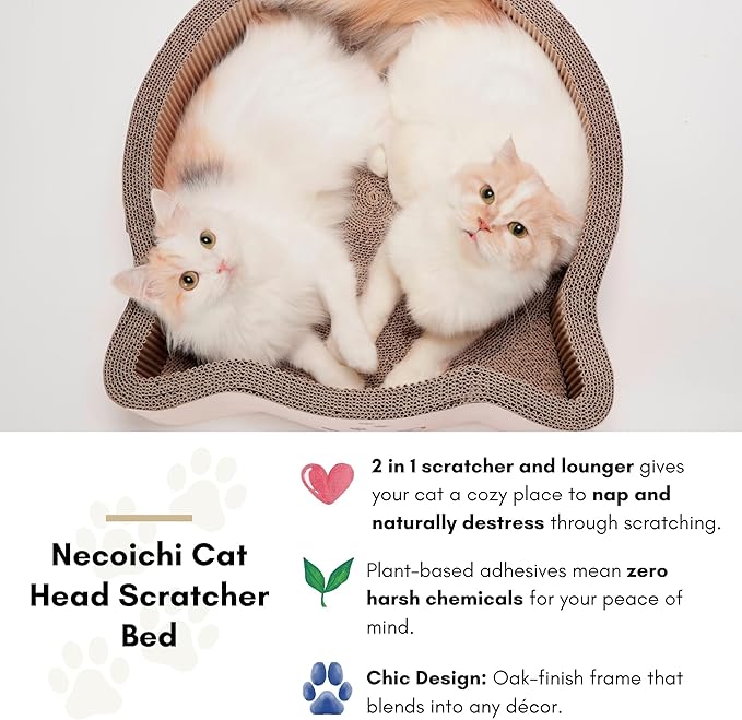 Necoichi Cat-Headed Scratcher Bed (Birch, Large) | Cardboard Cat Scratcher Bowls for Indoor Cats - Cat Scratching Board, Cat Scratch Pad Lounger with Reversible Usability and Extra Comfort for Lounge