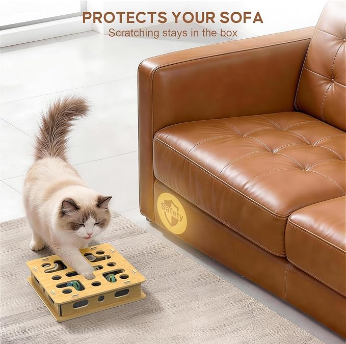 EIODEAR Cat Nail File Scratcher Box with 5 Sandpaper Pads & 4 Bell Balls, Sturdy Wood Cat Nail Scratcher to File Nails, Cat Toy Filer Toy for Treat-Motivated Cats, Included Silicone Security Rings
