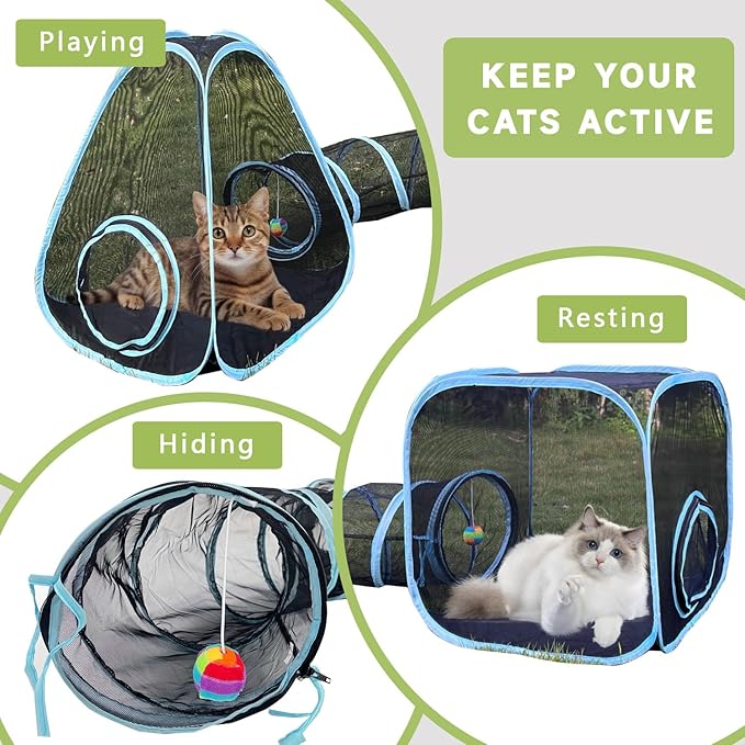 Outdoor Cat Enclosures, Cat Tunnels Catio Tents Cubes for Indoor Cats with Play Ball, Collapsible Outside Playpen Tunnel for Kitty, Rabbit, Puppy and Small Animals