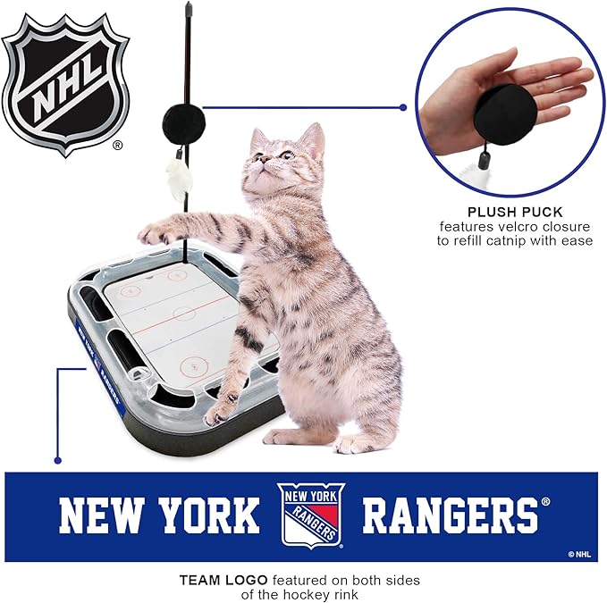 Pets First NHL New York Rangers Hockey Field Cat Scratcher Toy with Interactive Cat Ball Bell in Tracks - 5-in-1 Toy