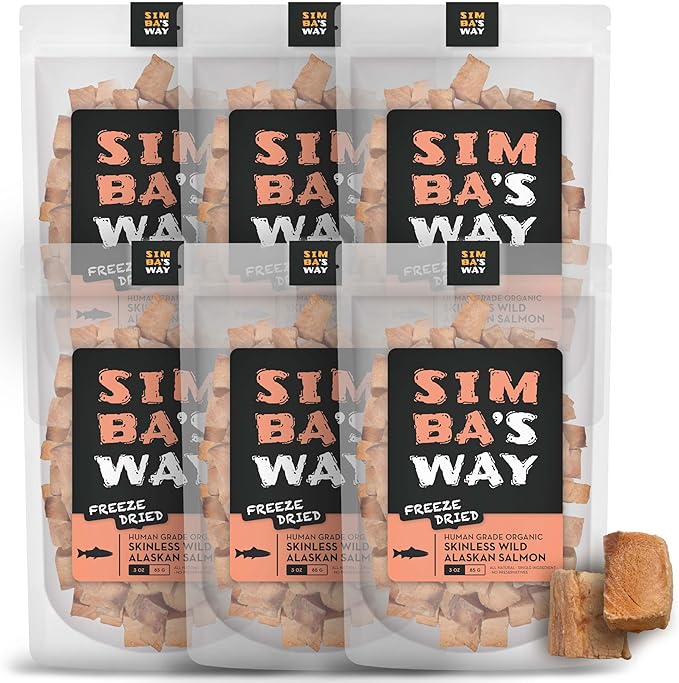 SIMBA'S WAY -Freeze Dried- RAW SKINLESS Wild Caught Alaskan Salmon Dog Treats and Cat Treats, Human Grade, Single Ingredient, All Natural, Grain-Free, Made in The USA. [3 .oz] [6 PK]