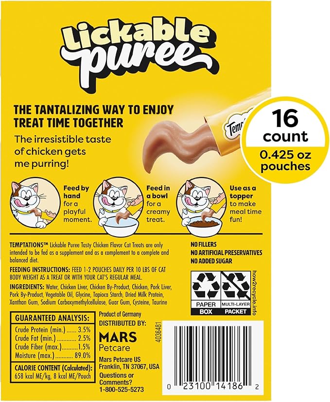 Temptations Creamy Puree Squeezable Lickable Cat Treats, Wet Cat Treats with Chicken, 0.42 oz. Tubes, 16 Count