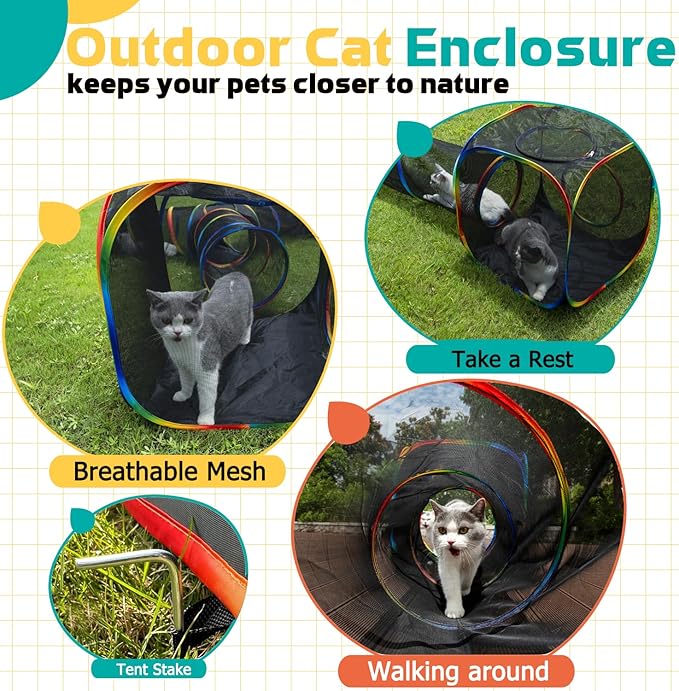 Outdoor Rainbow Cat Enclosures Playground,Outside House for Indoor Cats Include Portable Tent, 3 Way with 2 Cube Tunnel, for Kitty and Small Animals,Within Storage Bag