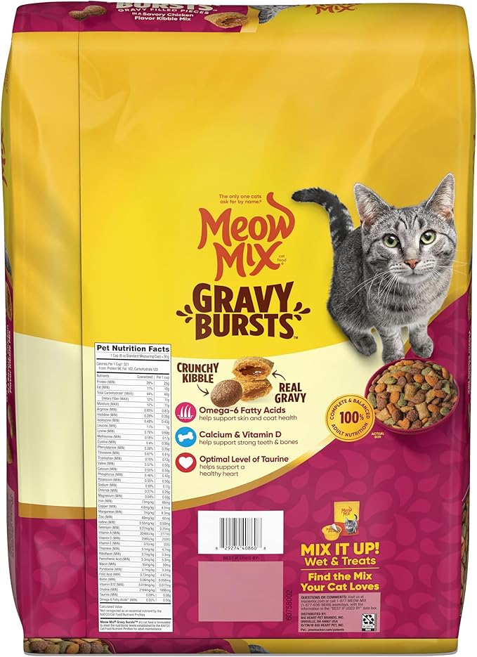Meow Mix Gravy Bursts Savory Chicken Flavor Mix with Gravy Filled Pieces, Dry Cat Food, 13.5 Pound Bag
