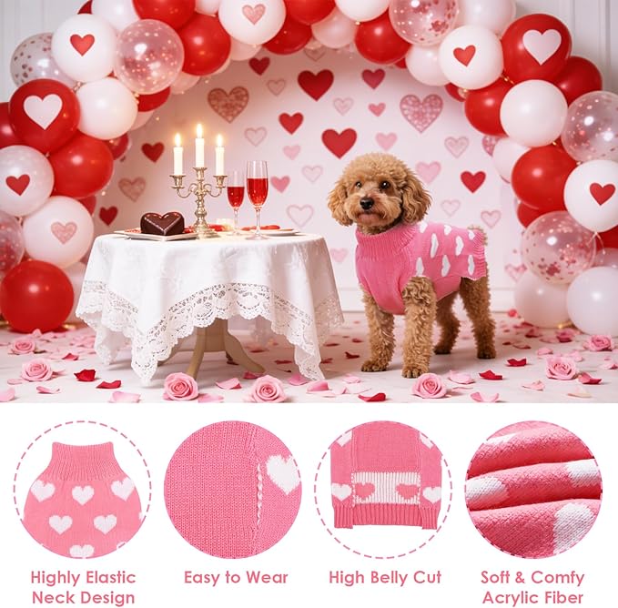 Valentines Dog Sweater, Knit Pet Small Dog Sweater Holiday Valentine’s Day Outfit Clothes for Small Medium Large Dogs Pets (Pink, Small)
