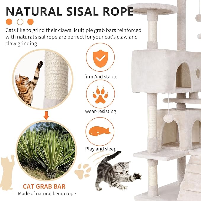 70" Cat Tree for Indoor Cats - Multi-Level Tower Kitten to Large Cats - Heavy Duty Scratching Post, Condo, Plush Perch, Beige