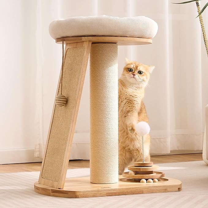 HITTITE Solid Wood Cat Tree Tower, Cat Scratching Post with Bed, 27" Small Cat Tree, Compact Cat Tower with Scratching Pad and Removable Cat Bed, Modern Cat Tower for Indoor Cats Large Adult.