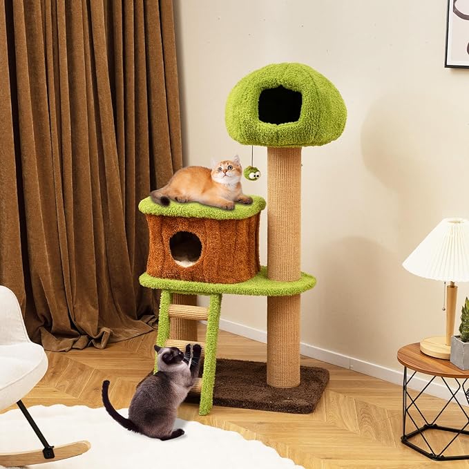 PETSITE 56-inch Forest-Themed Cat Tree, Multi-Level Cat Tower with 2 Cute Condos, Climbing Ladder, Teasing Ball, Sisal Posts, and Removable Cushion, Modern Cute Cat Tree for Indoor Cats