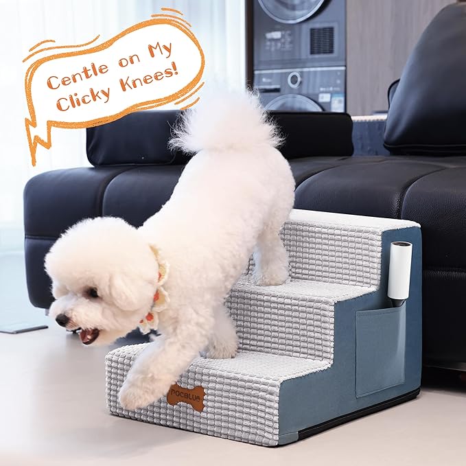 POCBLUE Dog Stairs for Bed 17.7" H, 4-Step Pet Steps for High Bed or Couch, Non-Slip Pet Ramp for Small Dogs and Cats Indoor with Washable Cover, Grey