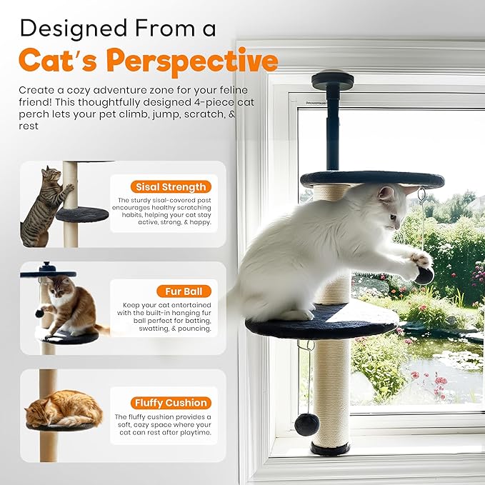 Window Cat Tree & Small Cat Tower (89.5-105.5cm) – Adjustable Cat Window Perch & Shelf for Indoor Cats – Sturdy Window Sill Extender Seat for Large Cats