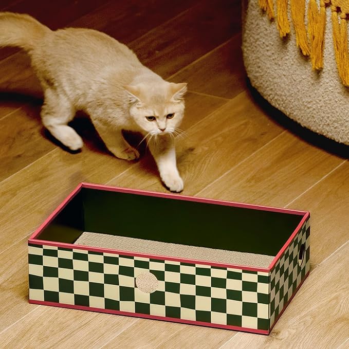 Conlun Cat Scratcher Box with 3-Layer Corrugated Pad, Heavy-Duty Double-Sided Cardboard Scratching Board & Bed, Checkered Design, for Cats, Large