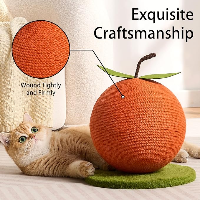 Orange Cat Scratching Post, Cute Cat Scratcher with Sisal Rope, Cat Scratch Post for Indoor Adult Cat and Kitten, Cat Scratching Ball