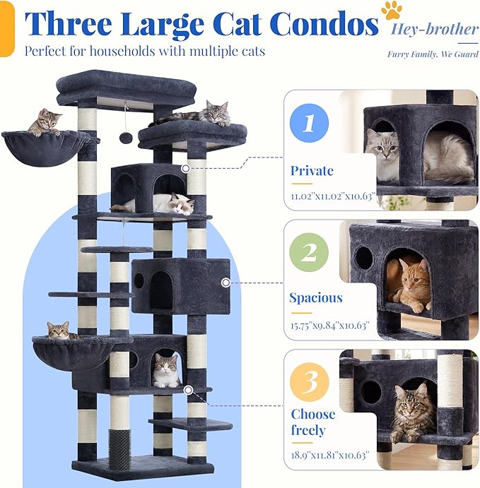 Hey-brother Cat Tree, 74 inches Multi-Level XL Large Cat Tower for Indoor Cats with Three Cat Condos, Two Large Top Decks and Cat Hairbrushfor Kittens, Cats and Pets, Smoky Gray MPJ035-MG