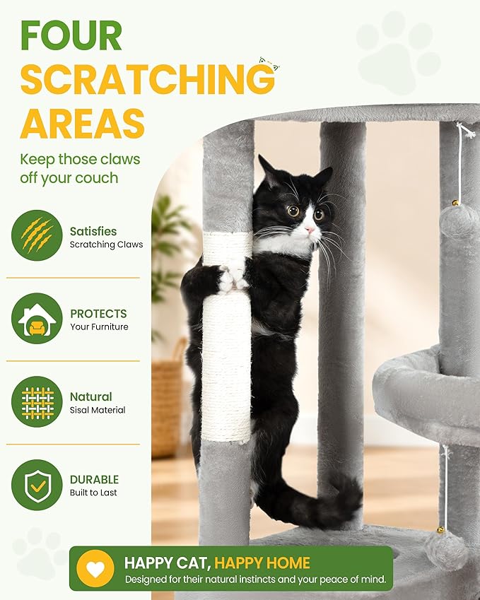 Cat Tree Tower for Indoor Cats, 67 inch Multi-Level Tall Climbing Tower with 3 Large Platform, Scratching Post, Hammock, Kitty Condo for Multiple Cats, Modern Cat Tree Furniture Heavy Duty, Light Grey