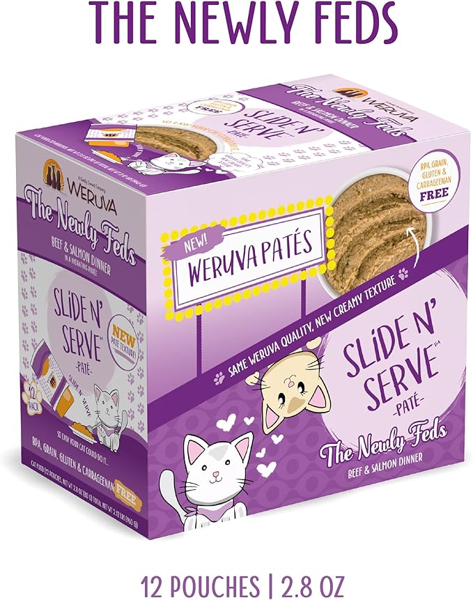 Weruva Wet Cat Food, The Newly Feds with Beef and Salmon Pate, 2.8oz Slide N Serve Pouch, Pack of 12