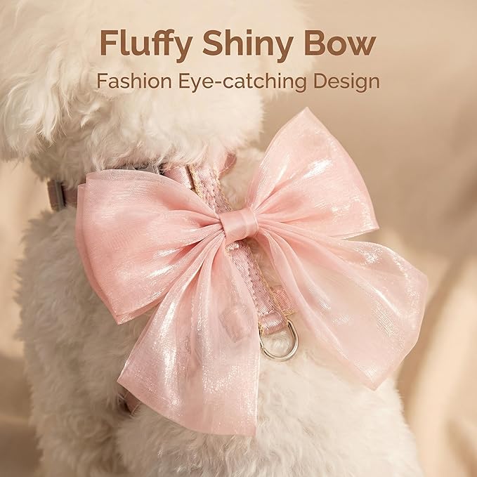 Pink Leash and Bow H-Shaped Design Harness for Small Cats Dogs, Proof Soft Adjustable Vest Easy Control Breathable Harnesses for Small Cats Dogs (S 2-7LBS)