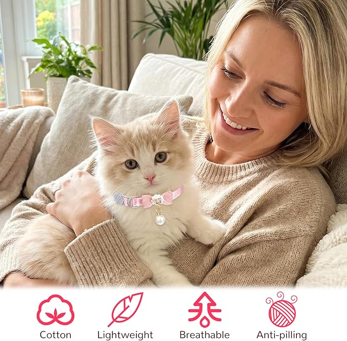 cobee 2 Pcs Breakaway Cat Collar, Adorable Cat Collar with Bowtie Bell Adjustable Kitten Collars Pink Cats Collars Breakaway SafetyCollar for Girl Cats