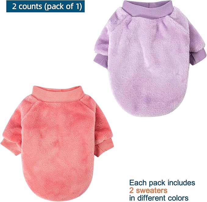 Dog Sweater | 2-Pack Clothes Jackets XXS - XXL for Small Dog Breed (Male & Girl), Super Soft Winter Coats Sweaters for Dogs and Cats, Pet Apparel Outfits (Deep Pink, Lavender, Small)