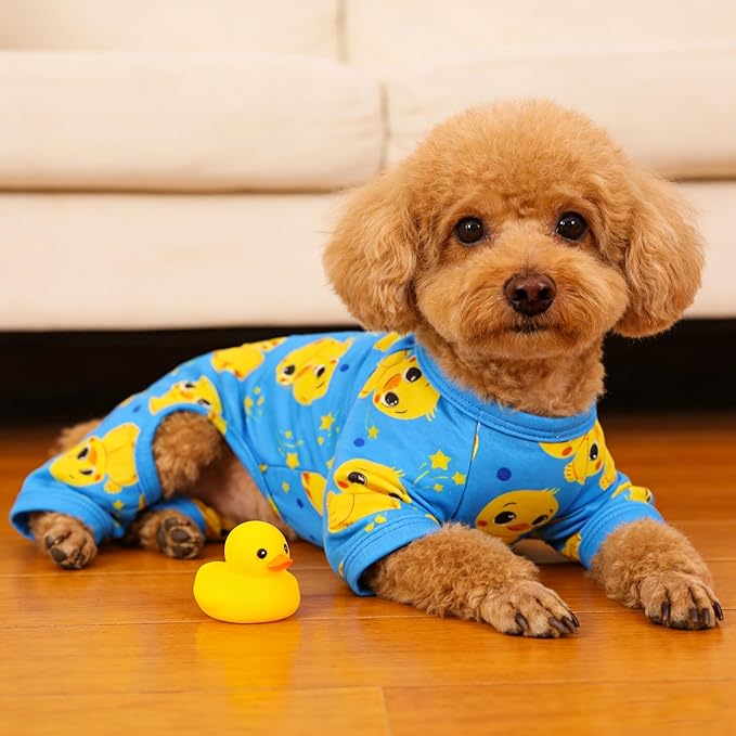 Dog Pajamas Summer Cute Print Puppy Jumpsuit Thin Dog Onesie Small Dog Clothes with Comfy & Elastic Frbic Puppy Pjs(Blue Duck, Small)
