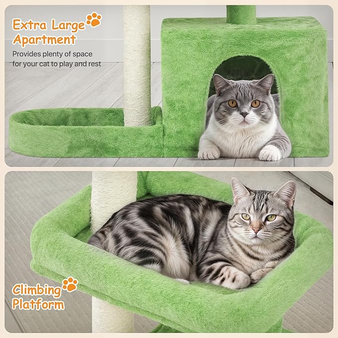 Cat Tree, 32 Inch Cat Tower with Scratching Posts, 1 Caves,1 Pompom,1 Hammock, Green Leaves and Cozy Condo, Cat House Cat Tree for Indoor Cats Large Adult - Green