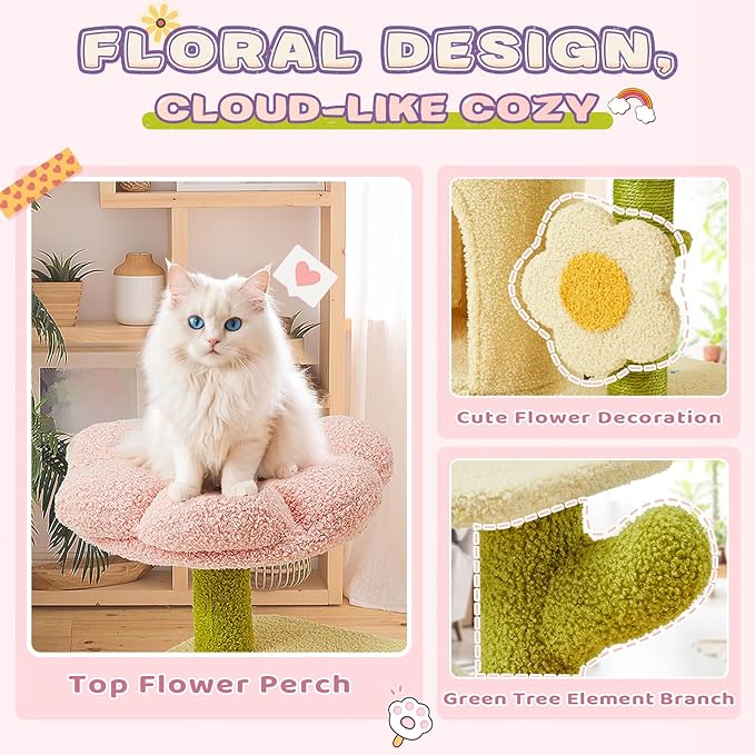 Erinnyees Flower Cat Tree, 38.2 Inches Cat Tower, Multi-Level Indoor Kitty Tree Tower, Kitty House with Cozy Top Flower Platform, Spacious Condos, Soft Hammock, Sisal Scratching Post