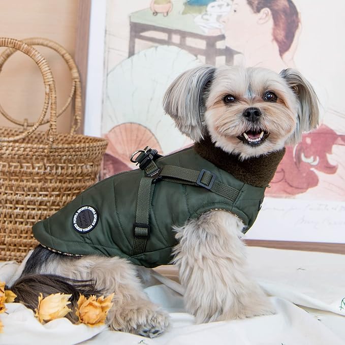 Puppia Donavan Winter Dog Coat with Integrated Harness No Pull Cold Weather Waterproof Warm Fleece Back Zipper for Small & Medium Dog, Khaki, XX-Large