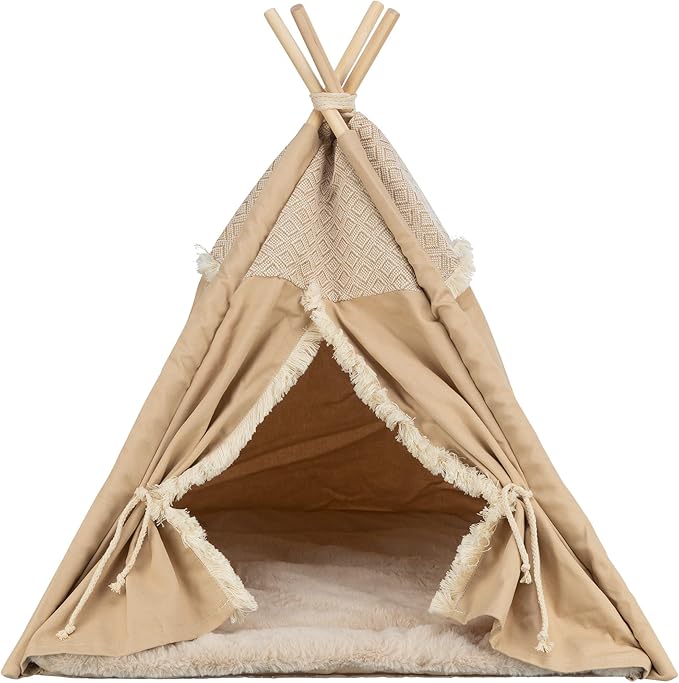 TRIXIE Boho Tipi for Dogs and Cats, Stylish Bed for Cats and Dogs with Reversible Cushion and Tie-Backs, A Perfect Retreat for Kitties and Pups, Beige