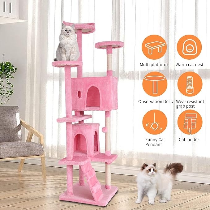 70-inch Pink Multi-Level Cat Tower Kitten Tree & Cat Condo With Plush Padded Perch & Cat Scratching Post, Heavy Duty for Large Cats