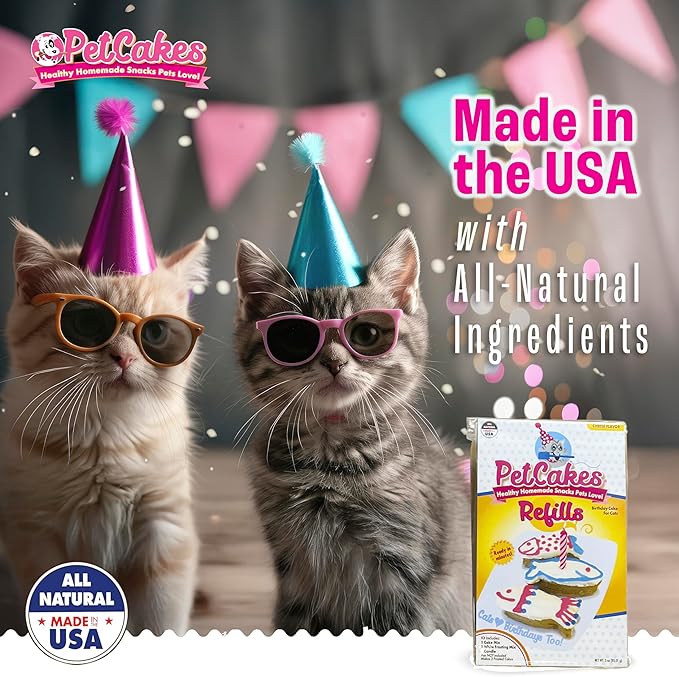 PetCakes Birthday Treat Mix Refills for Cats - Make Healthy Cakes - Includes 1 Cake Mix, 1 Frosting & Candle, Cheese Flavor - Net Wt. 3oz (Pack of 2)